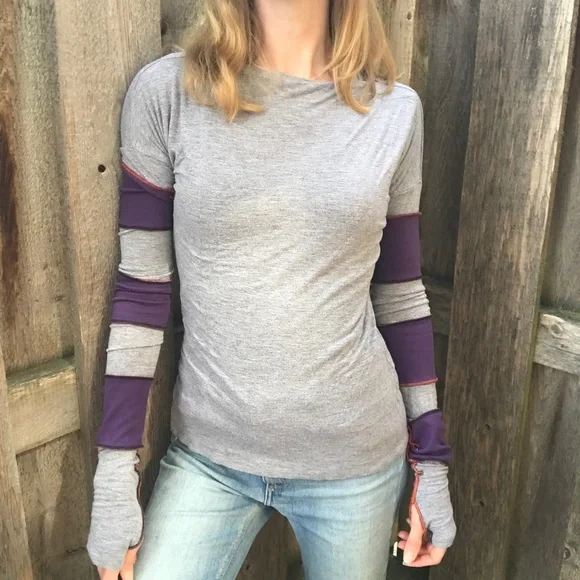 Upcycled Womens Purple Patchwork Shirt Size Medium Long Sleeve Gray Thumb Holes - Picture 3 of 12
